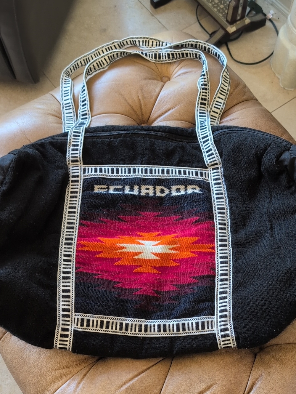 Black Wool Woven Equador Tote Weekender  Bag with Red Orange Aztec Panel*XL* HTF